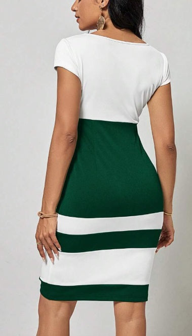 Green white stripes midi dress