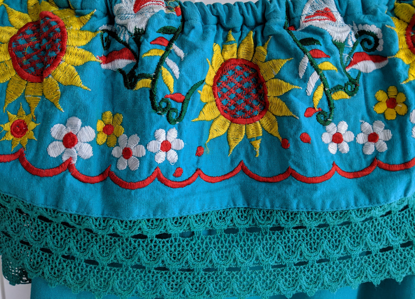Aqua yellow and white flowers - Mexican Dress