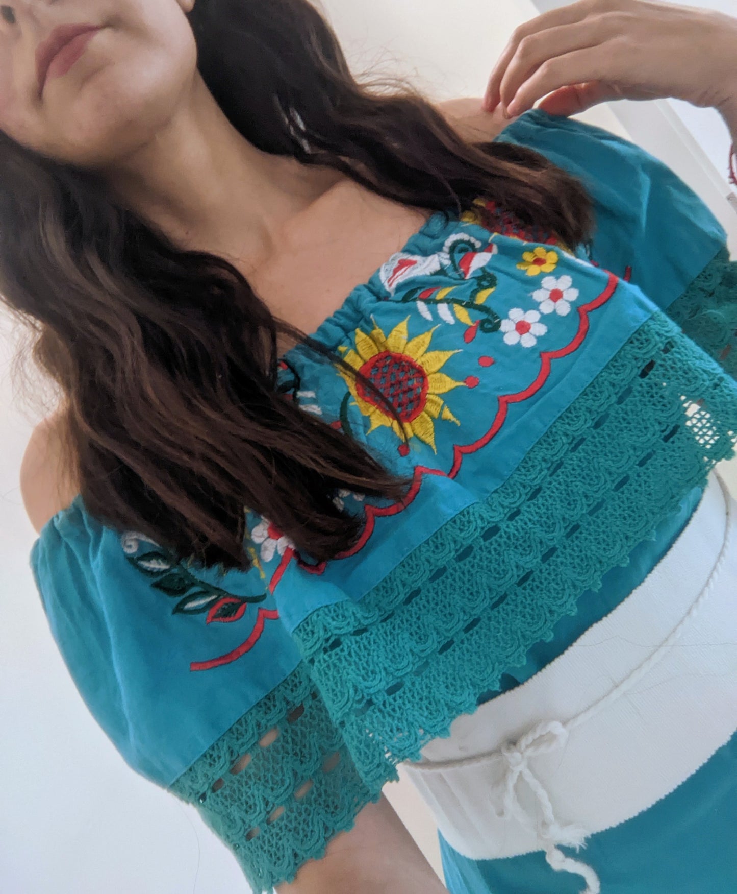 Aqua yellow and white flowers - Mexican Dress