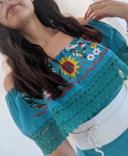 Aqua yellow and white flowers - Mexican Dress