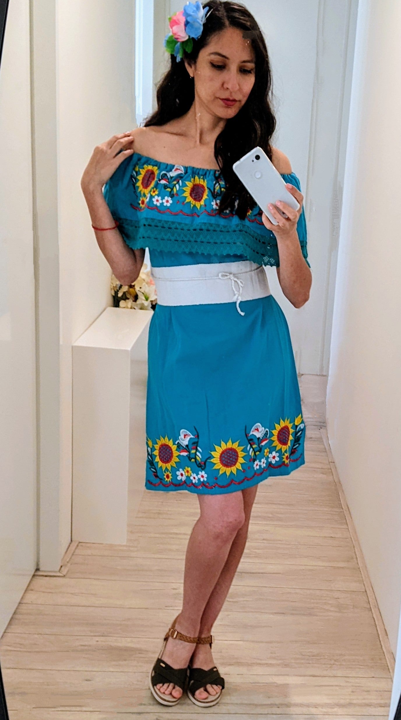 Aqua yellow and white flowers - Mexican Dress