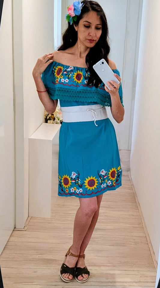 Aqua yellow and white flowers - Mexican Dress