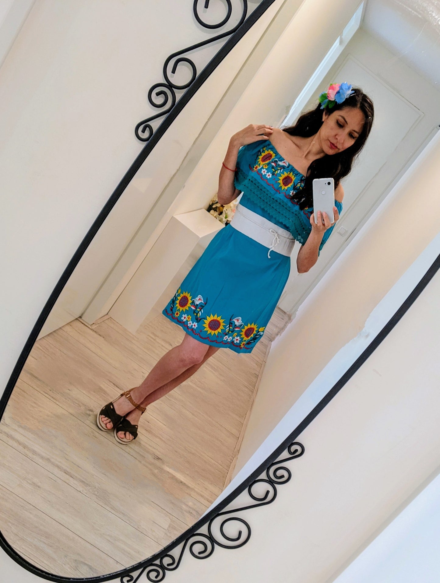 Aqua yellow and white flowers - Mexican Dress