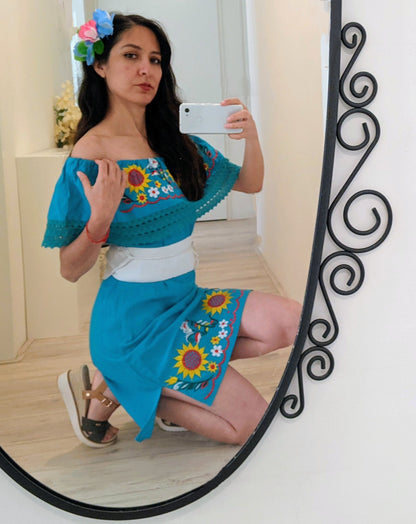 Aqua yellow and white flowers - Mexican Dress