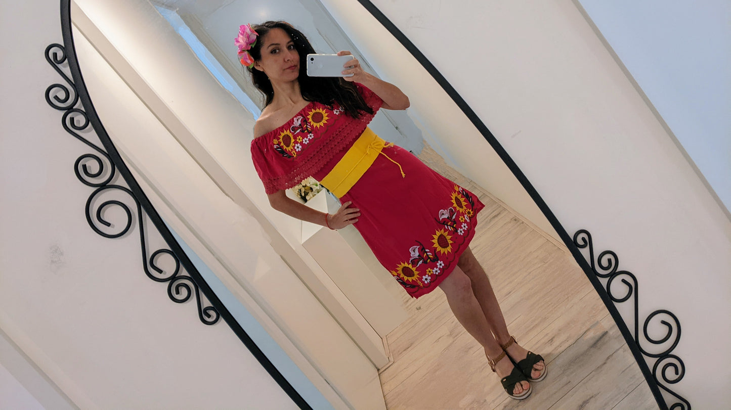 Fucsia-Yellow Flower Mexican Dress