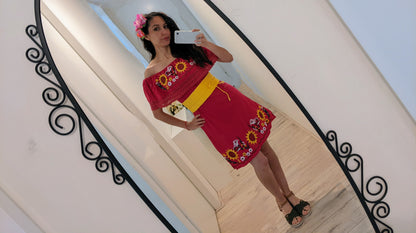 Fucsia-Yellow Flower Mexican Dress