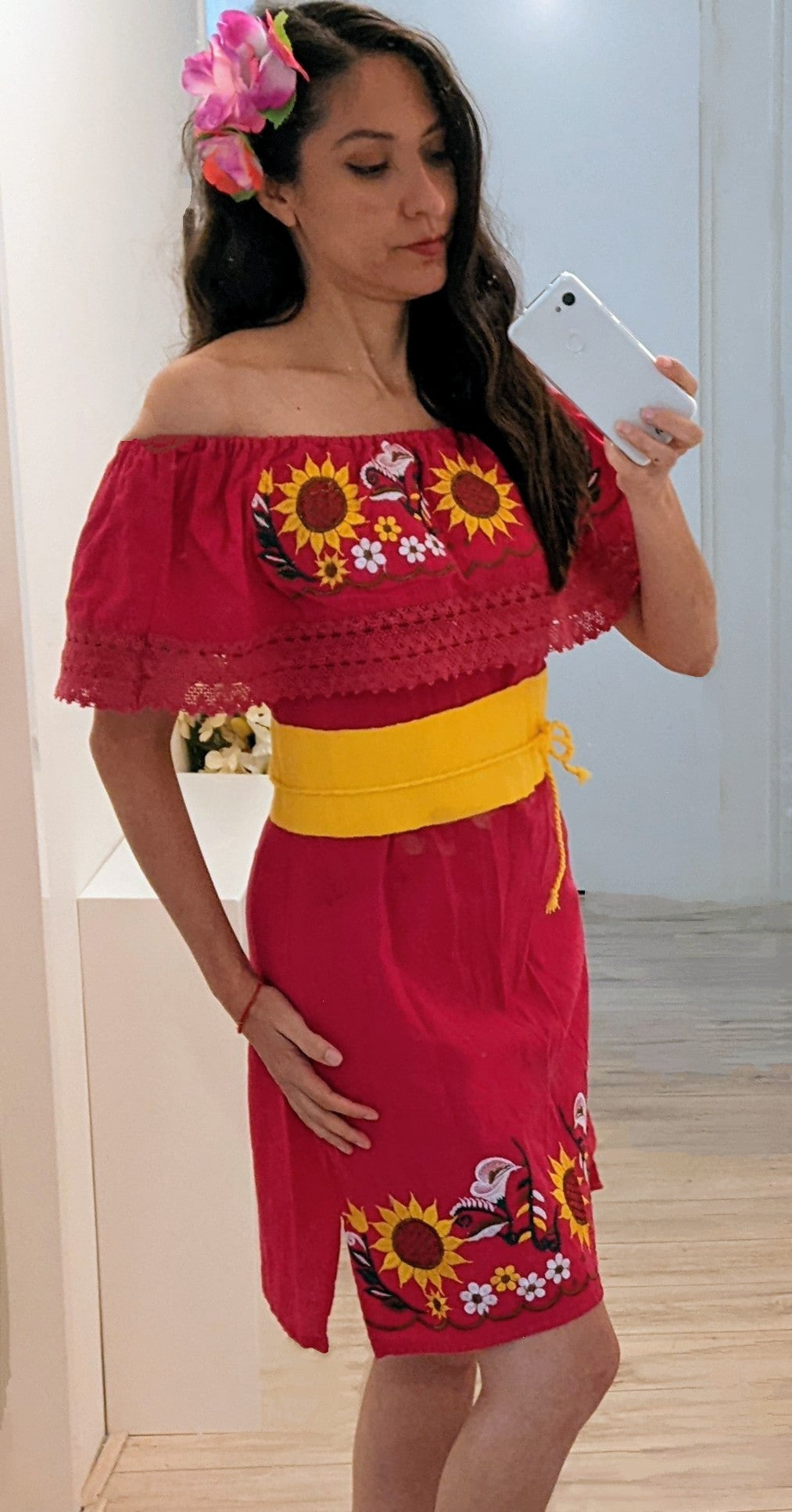 Fucsia-Yellow Flower Mexican Dress