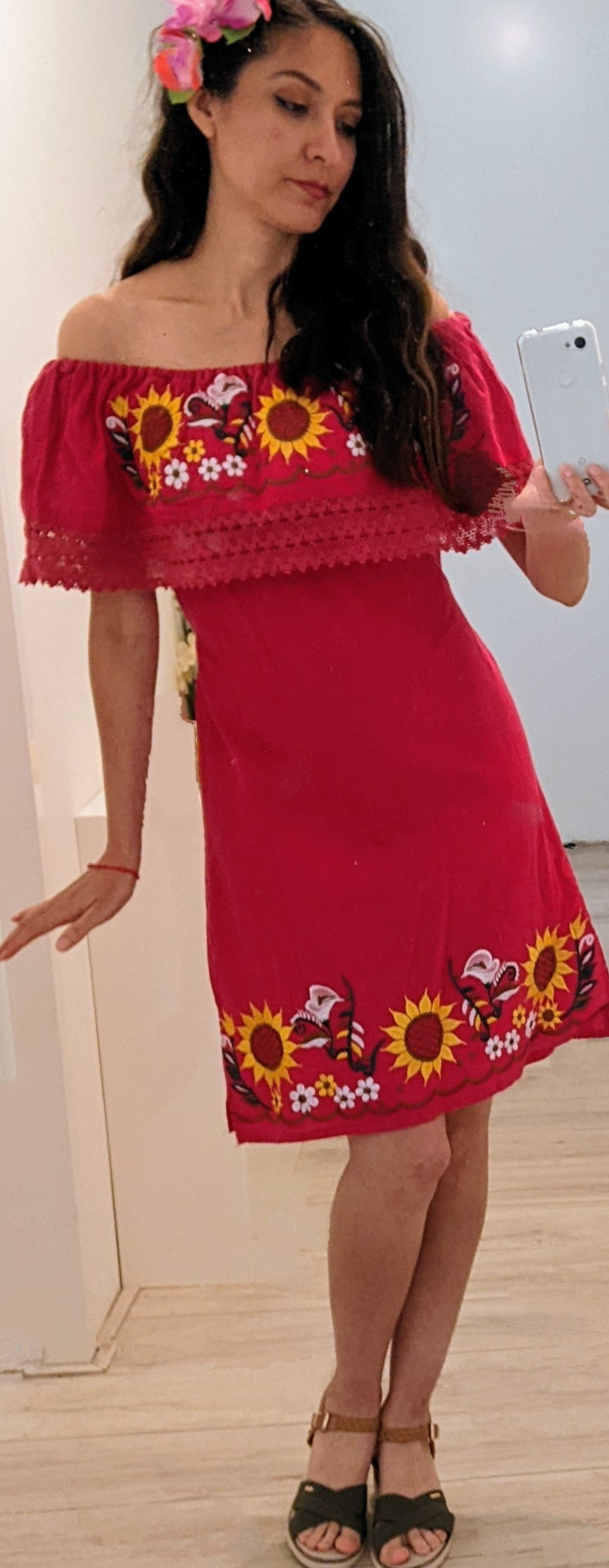 Fucsia-Yellow Flower Mexican Dress