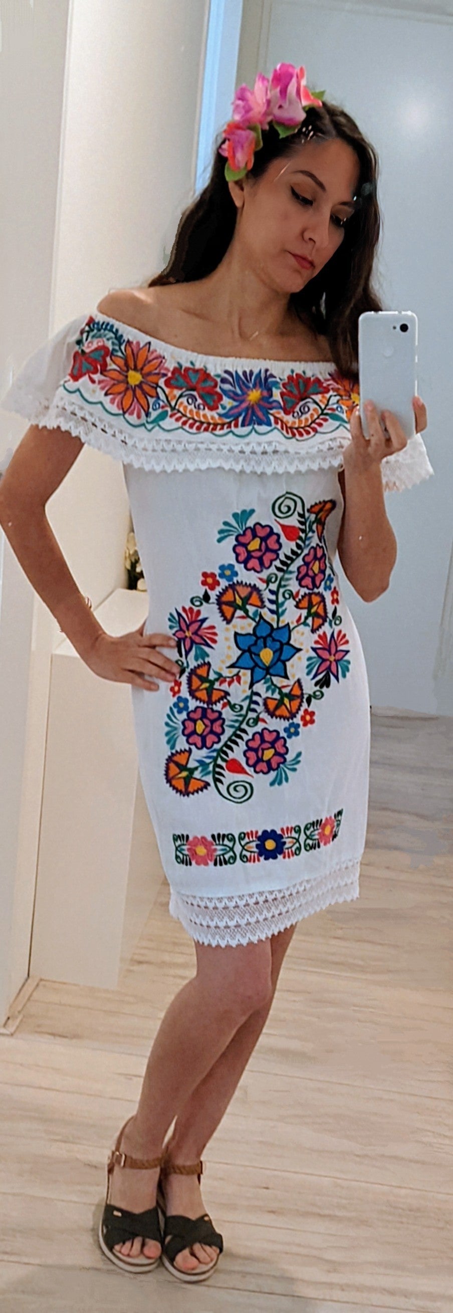 White Flower Mexican Dress