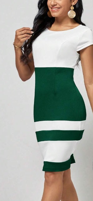 Green white stripes midi dress